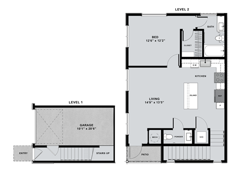 Floor plan for 1 bed, 1 bath, 873 sqft